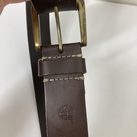 Timberland Leather Belt Mens 32 Brown Antique Brass Buckle Tree Logo Casual - Picture 14 of 14
